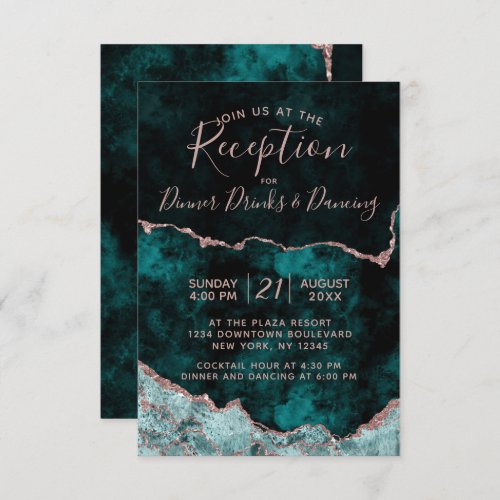 Green  Rose Gold Agate Marble Wedding Reception Enclosure Card