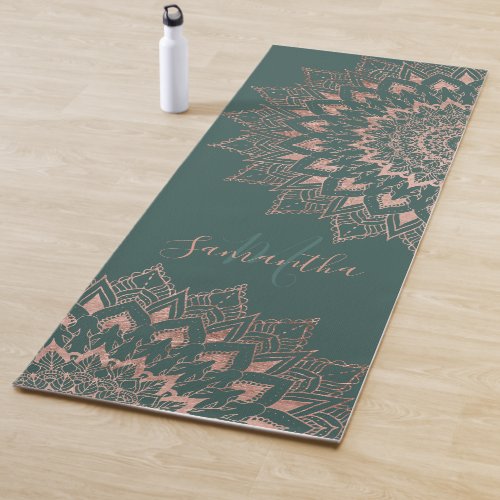 Green rose gold boho mandala monogram  yoga mat