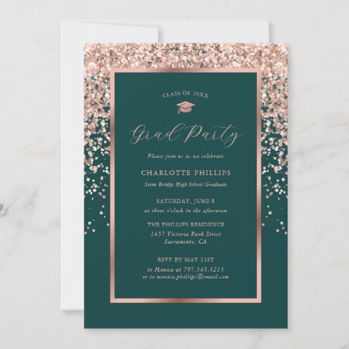 Green Rose Gold Confetti Photo Graduation Party Invitation