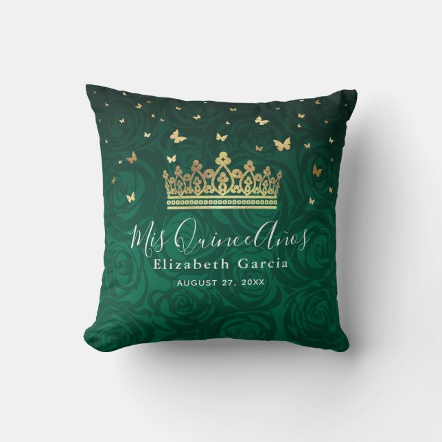 Green Rose Gold Crown Quinceanera Mis Quince Anos Throw Pillow (Front)
