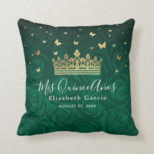 Green Rose Gold Crown Quinceanera Mis Quince Anos Throw Pillow