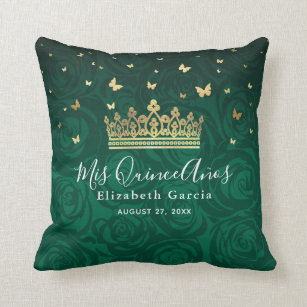 Green Rose Gold Crown Quinceanera Mis Quince Anos Throw Pillow