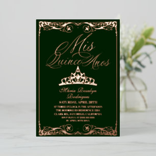 Green & Rose Gold Elegant Quinceanera Photo Foil Invitation