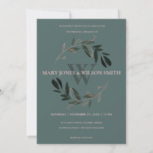 GREEN ROSE GOLD FOLIAGE WREATH WEDDING INVITE