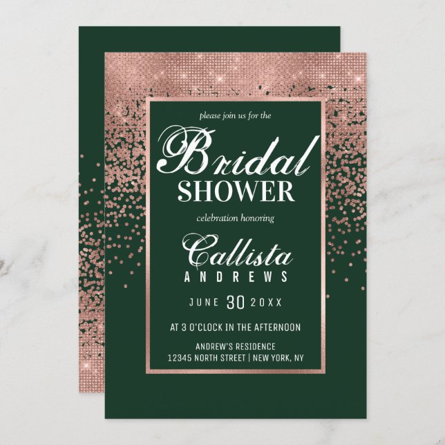 Green Rose Gold Glitter Confetti Bridal Shower Invitation (Front/Back)