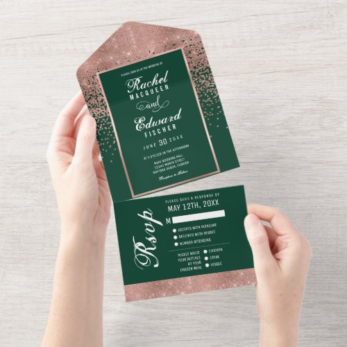 Green Rose Gold Glitter Confetti Wedding RSVP All In One Invitation