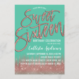 Green Rose Gold Glitter Typography Sweet 16 Invitation