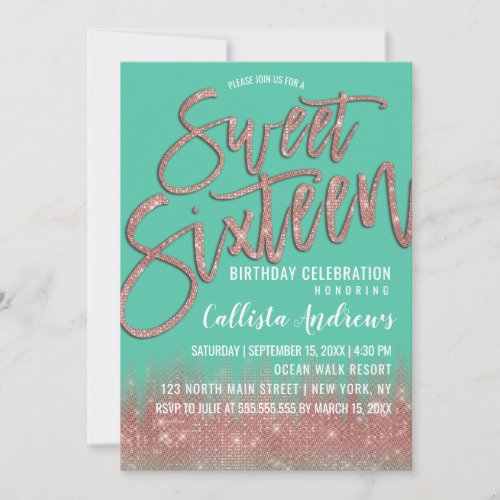 Green Rose Gold Glitter Typography Sweet 16 Invitation