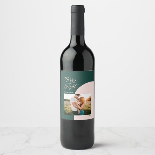 Green Rose gold Merry and Bright Christmas Holiday Wine Label