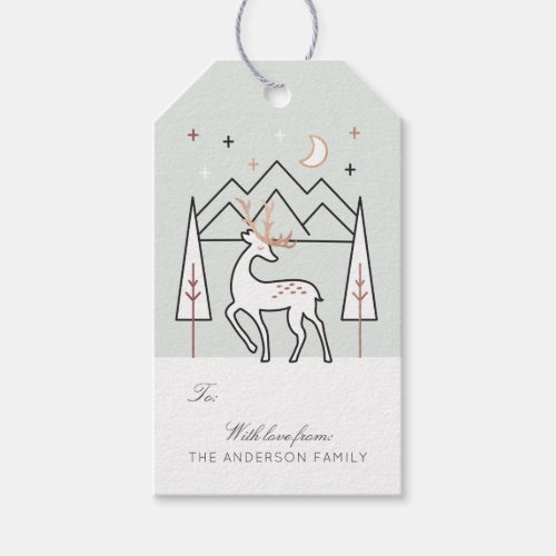 Green Rose Gold Modern Elegant Reindeer at Night Gift Tags