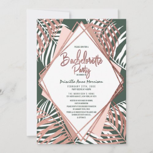 Green Rose Gold Tropical Palm Tree Bachelorette Invitation