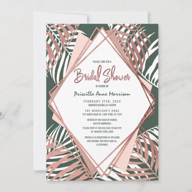 Green Rose Gold Tropical Palm Tree Bridal Shower Invitation (Front)