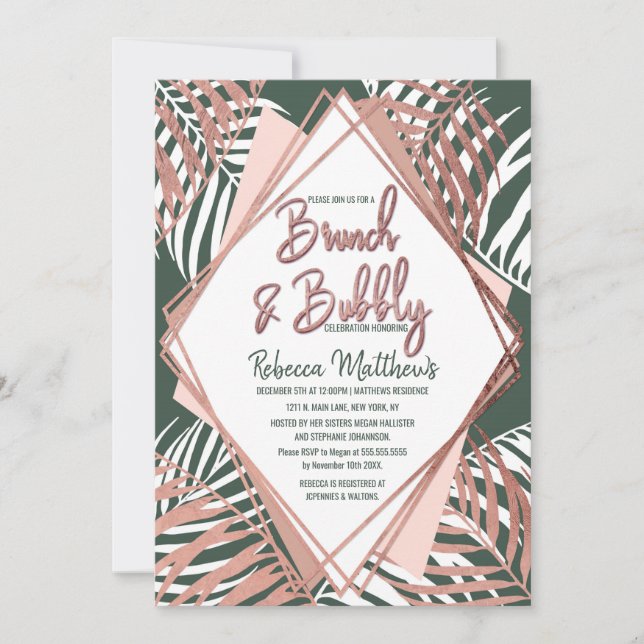 Green Rose Gold Tropical Palm Tree Brunch Bubbly Invitation (Front)