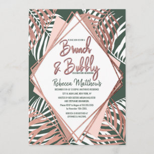 Green Rose Gold Tropical Palm Tree Brunch Bubbly Invitation