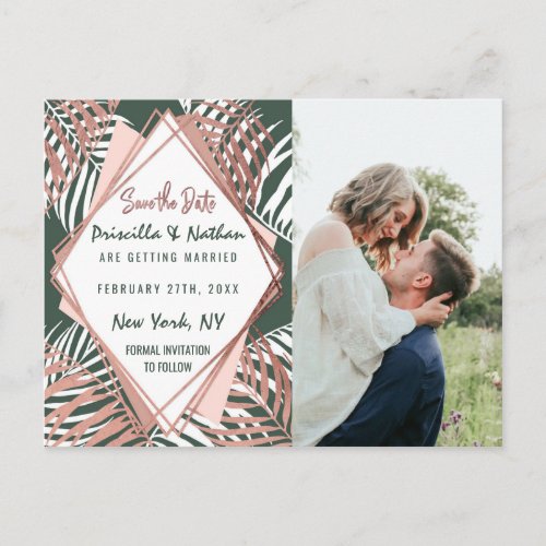 Green Rose Gold Tropical Palm Tree Leaf Save Date Postcard