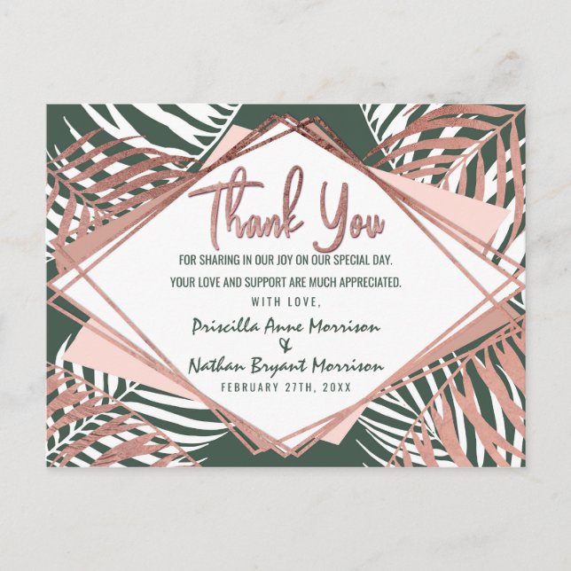 Green Rose Gold Tropical Palm Tree Leaf Thank You Invitation Postcard (Front)