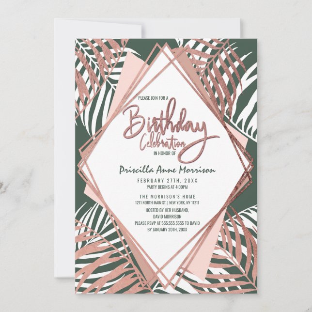 Green Rose Gold Tropical Palm Tree Leaves Birthday Invitation (Front)