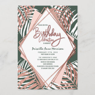 Green Rose Gold Tropical Palm Tree Leaves Birthday Invitation