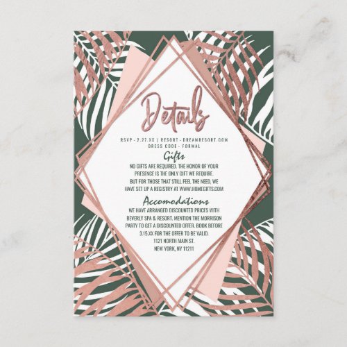 Green Rose Gold Tropical Palm Tree Leaves Details Enclosure Card