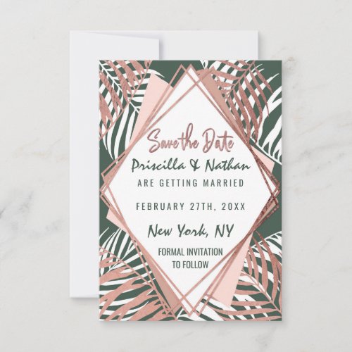 Green Rose Gold Tropical Palm Tree Leaves Save The Date