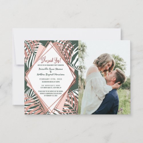Green Rose Gold Tropical Palm Tree Leaves Wedding Announcement