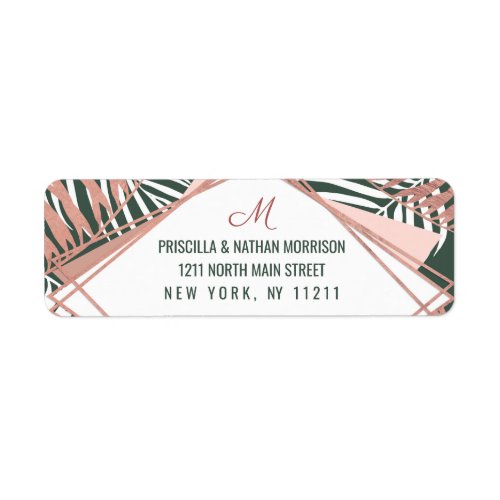 Green Rose Gold Tropical Palm Tree Leaves Wedding Label