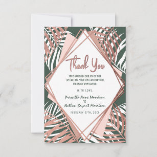 Green Rose Gold Tropical Palm Tree Leaves Wedding Thank You Card
