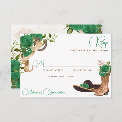 Green Rose Rustic Charro Western Quinceanera RSVP Card