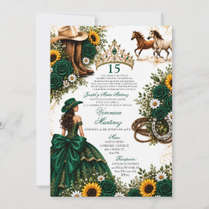 Green Rose Sunflower Western Quinceañera Horses Invitation