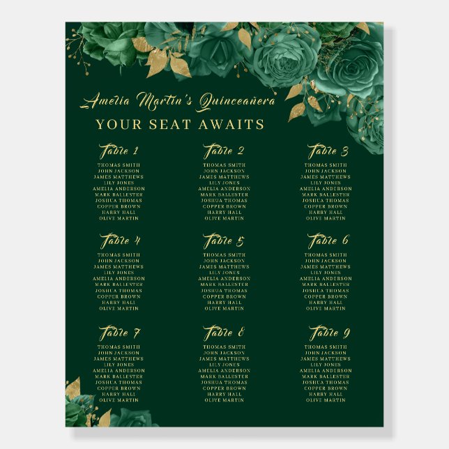 Green Rose Swirl Gold Quinceanera  Seating Chart   Foam Board (Front)