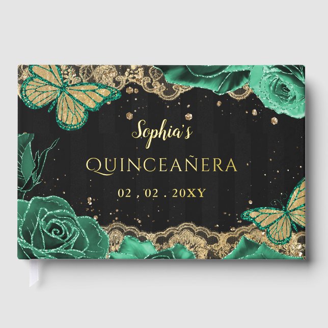 Green Roses Black Gold Lace Butterfly Quinceañera Foil Guest Book (Front)