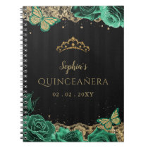 Green Roses Black Gold Lace Quinceañera Guestbook Notebook