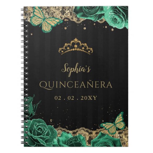 Green Roses Black Gold Lace Quinceaera Guestbook Notebook