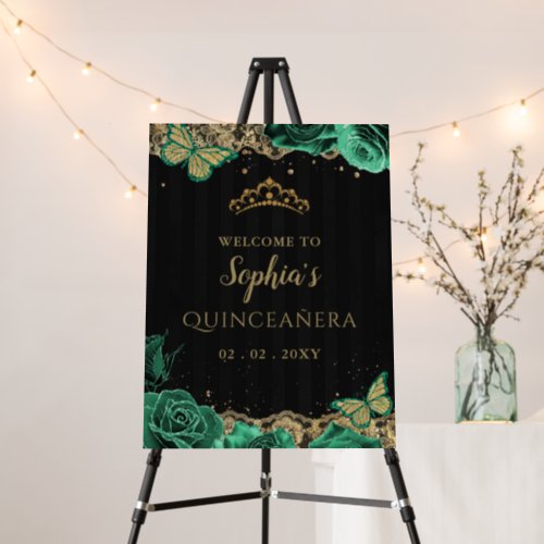 Green Roses Black Gold Quinceaera Welcome Sign