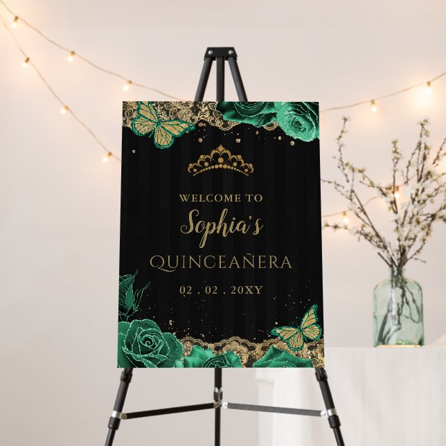 Green Roses Black Gold Quinceañera Welcome Sign (In Situ (Stand))