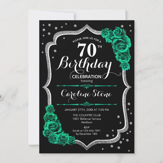Green Roses Black Silver 70th Birthday Invitation (Front)