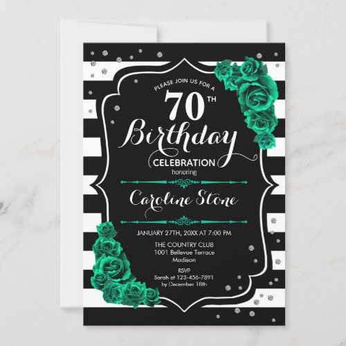 Green Roses Black White Stripes 70th Birthday Invitation