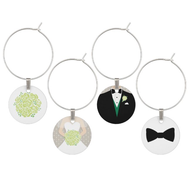 Green roses bride groom & honours wedding charms (Staggered)