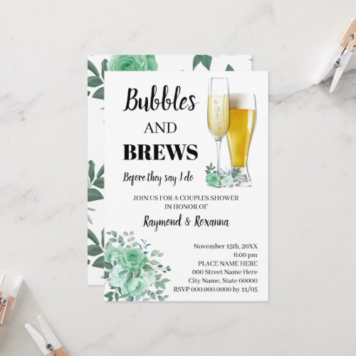 Green Roses Bubble  Brews Couples Shower  Invitation