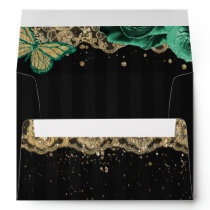 Green Roses Butterfly Black Gold Lace Envelope