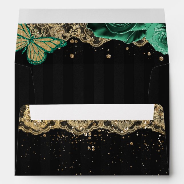 Green Roses Butterfly Black Gold Lace Envelope (Back (Bottom))