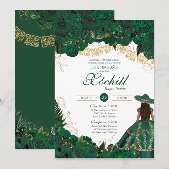 Green Roses Elegant Emerald Charro Quinceanera Inv Invitation (Front/Back)