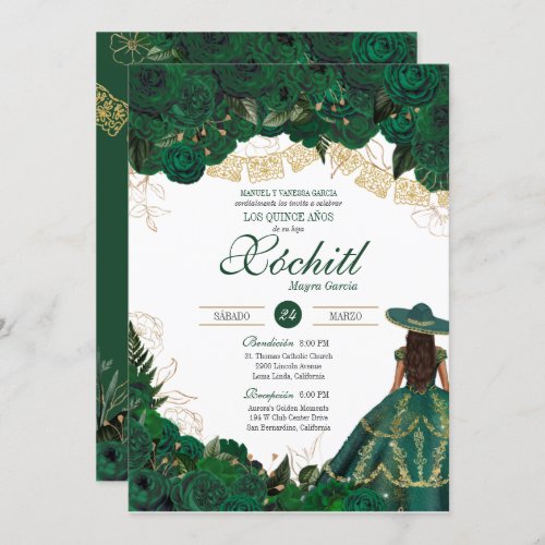 Green Roses Elegant Emerald Charro Quinceanera Inv Invitation