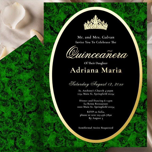 Green Roses Elegant Gold Floral Quinceanera   Foil Invitation (Creator Uploaded)
