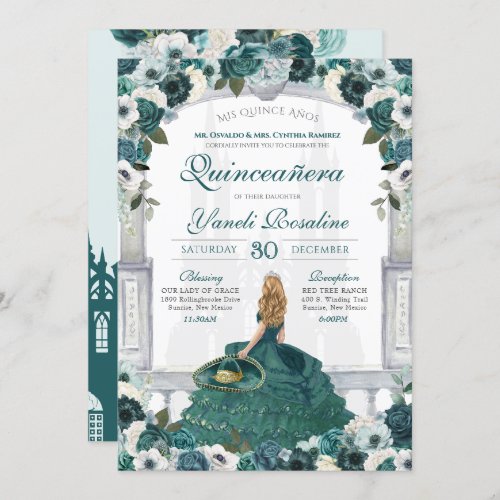Green Roses Elegant Princess Charro Quinceaera Invitation