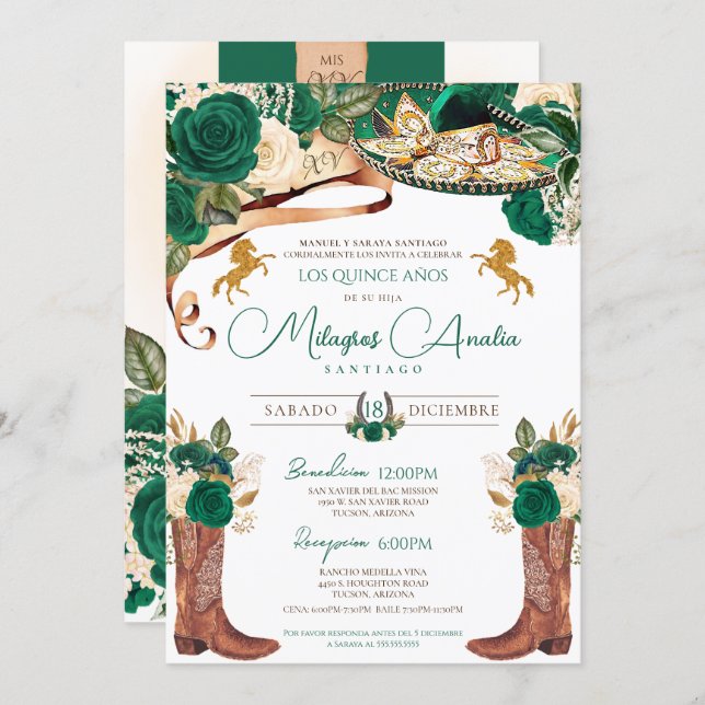 Green Roses Fancy Western Charro Quinceanera Invitation (Front/Back)