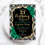 Green Roses Gold Black Damask 21st Birthday Invitation<br><div class="desc">21st Birthday Party Invitation. Elegant floral emerald green design with faux glitter gold and roses. Features black and white damask pattern and script font. Perfect for a stylish womens bday celebration. Can be customised for any age! Printed Zazzle invitations or instant download digital printable template.</div>