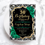 Green Roses Gold Black Damask 30th Birthday Invitation<br><div class="desc">30th Birthday Party Invitation. Elegant floral emerald green design with faux glitter gold and roses. Features black and white damask pattern and script font. Perfect for a stylish womens bday celebration. Can be customised for any age! Printed Zazzle invitations or instant download digital printable template.</div>