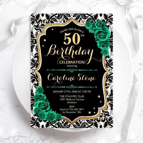 Green Roses Gold Black Damask 50th Birthday Invitation