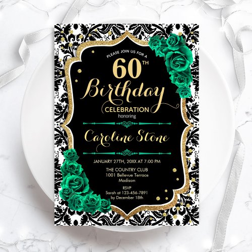 Green Roses Gold Black Damask 60th Birthday Invitation